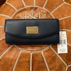 Michael Kors Slim Flap Wallet Genuine Leather Wallet Navy